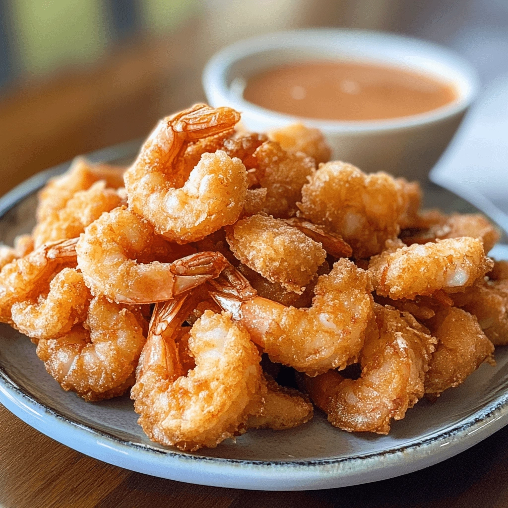 Crispy golden tempura shrimp served with dipping sauce on a plate.