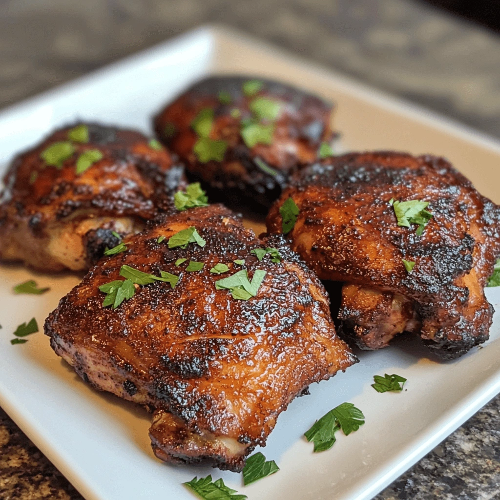 Smoked chicken thighs with crispy skin and juicy meat, garnished with fresh herbs.