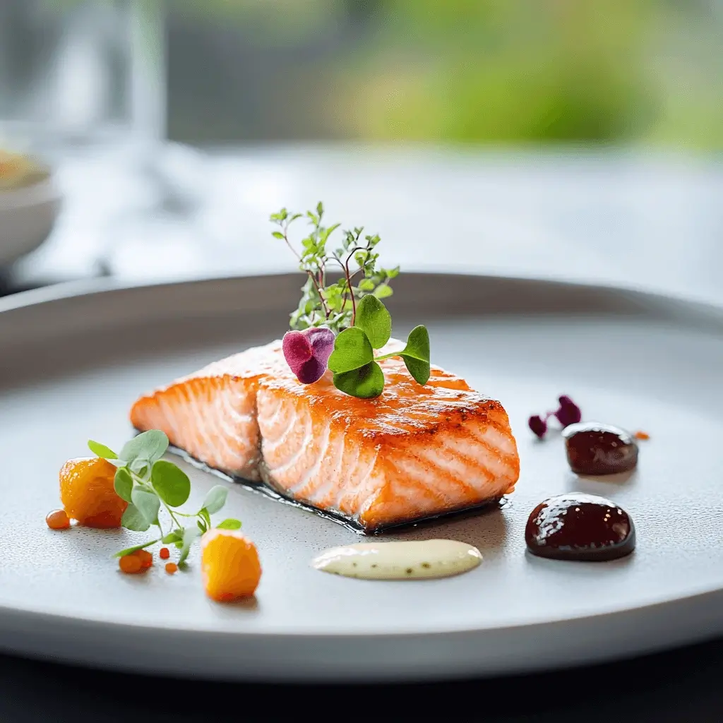 Freshly cooked keta salmon fillet on a plate, garnished with herbs and lemon slices.