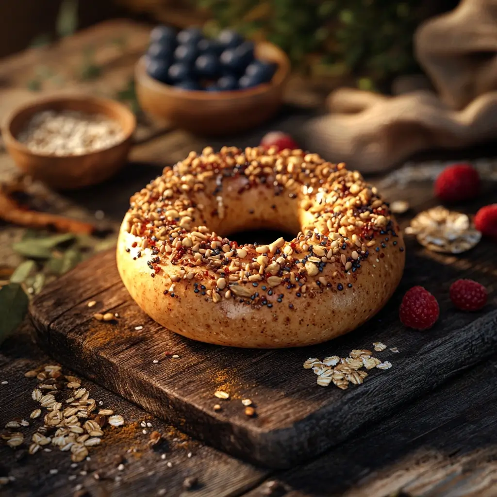 Close-up of a freshly baked protein bagel with Greek yogurt and berries on a rustic table.
