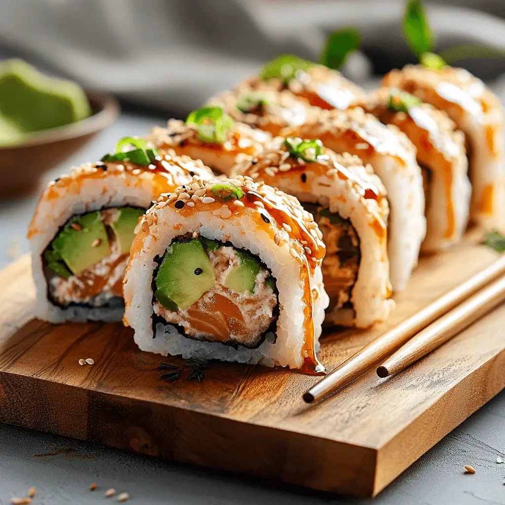 Beautifully plated baked salmon sushi roll with spicy mayo, avocado, and sesame seeds on a wooden board.