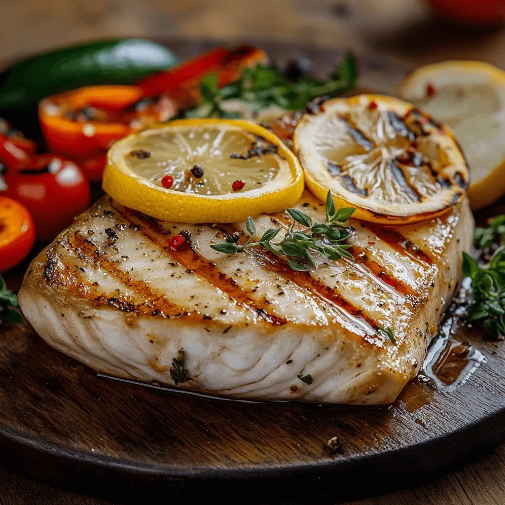 Grilled swordfish steak plated with lemon slices and fresh herbs on a rustic wooden table