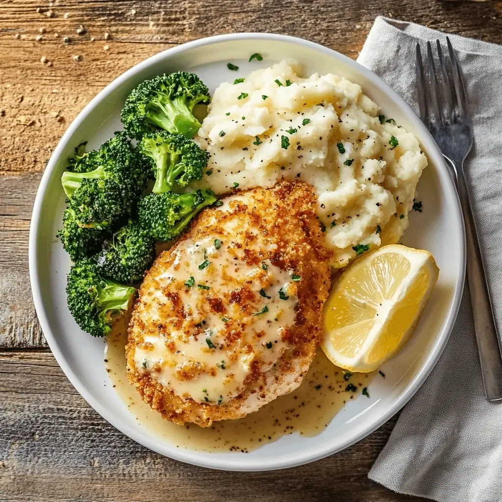 LongHorn-style parmesan crusted chicken served with mashed potatoes and broccoli on a white plate
