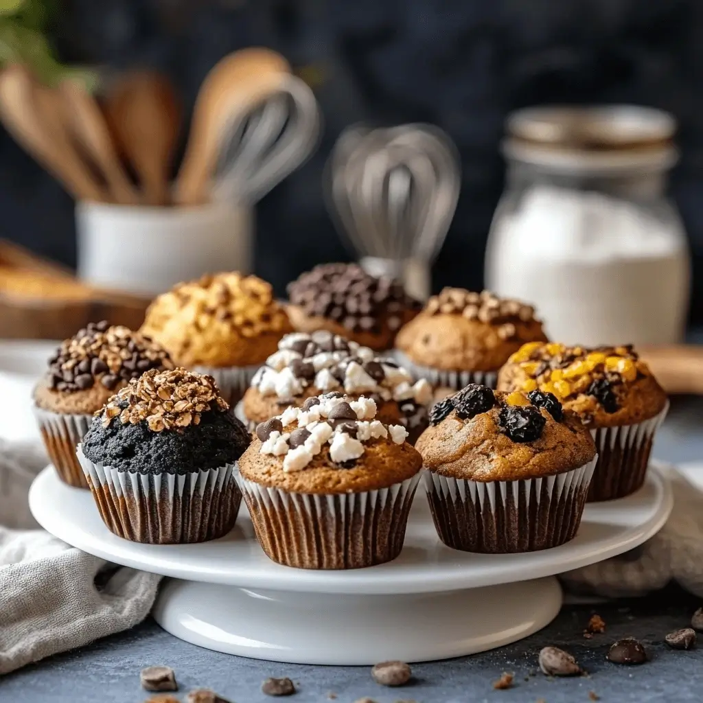 Assorted mini muffins with different toppings on a white ceramic platter.