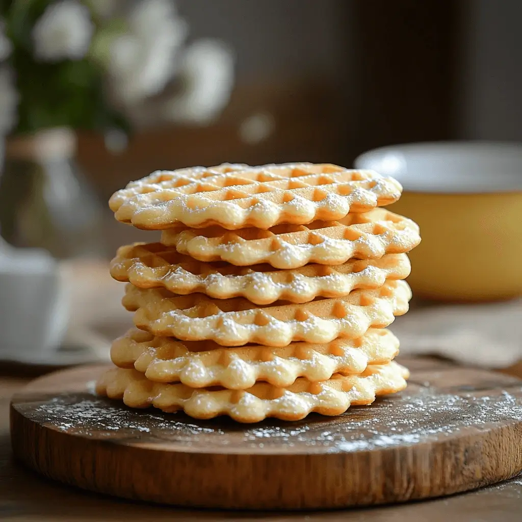 Freshly baked golden waffle cookies stacked on a rustic wooden plate in cozy kitchen lighting.
