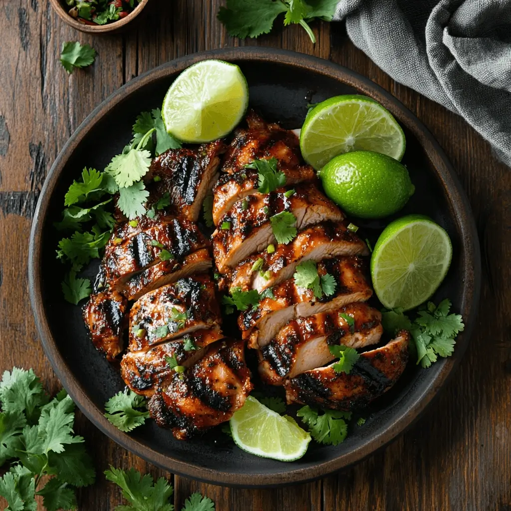 Grilled chipotle chicken thighs on a plate with lime wedges and fresh cilantro