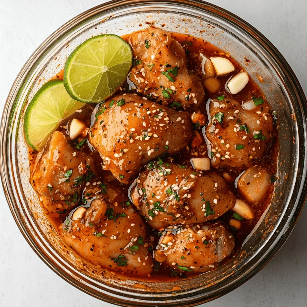 Raw chicken marinating in chipotle sauce with garlic and lime