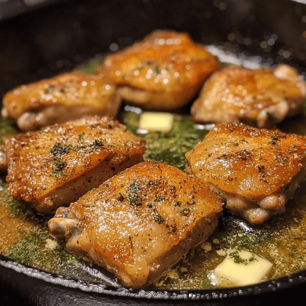 Chicken thighs searing in a cast iron skillet with butter and herbs.