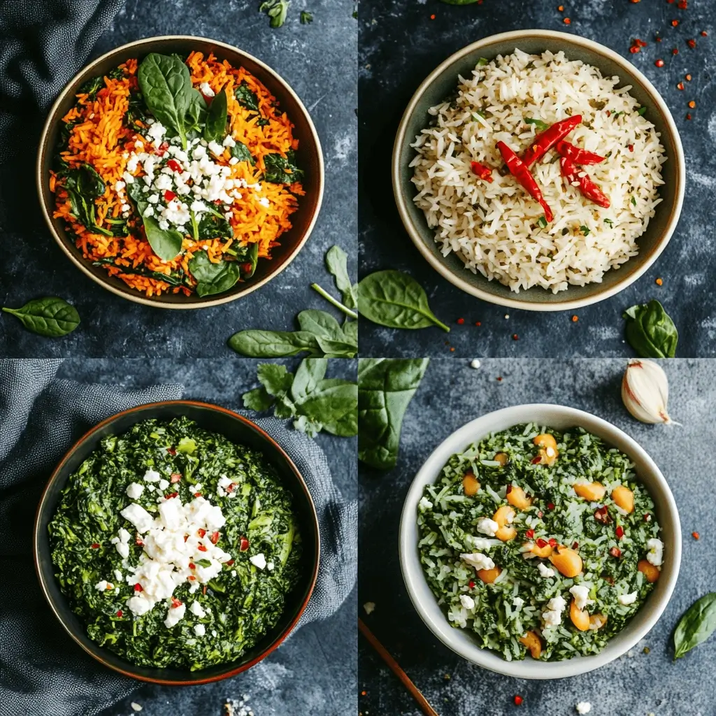 Collage of different spinach rice variations: cheesy, Mediterranean with feta, spicy, coconut creamy, garlic butter versions