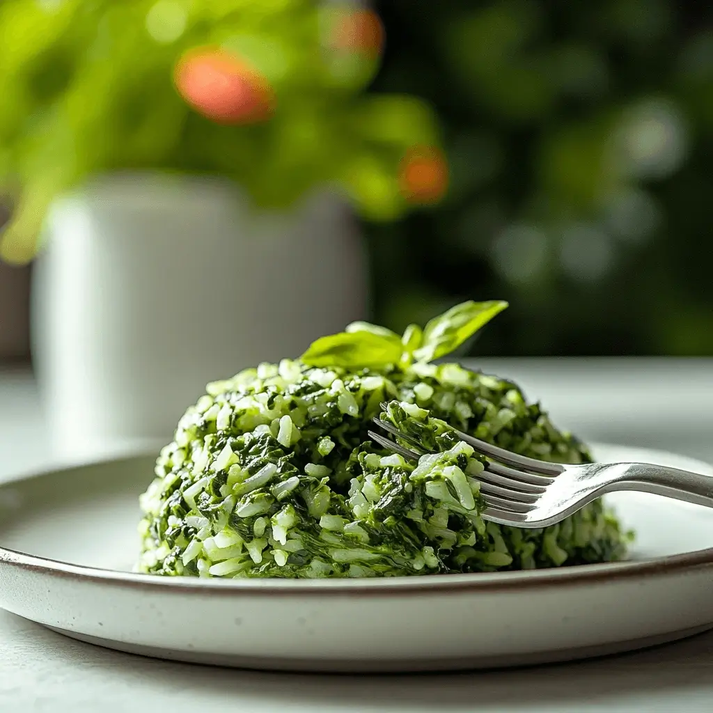 Plate of spinach rice with a fork taking a bite, bright home kitchen background
