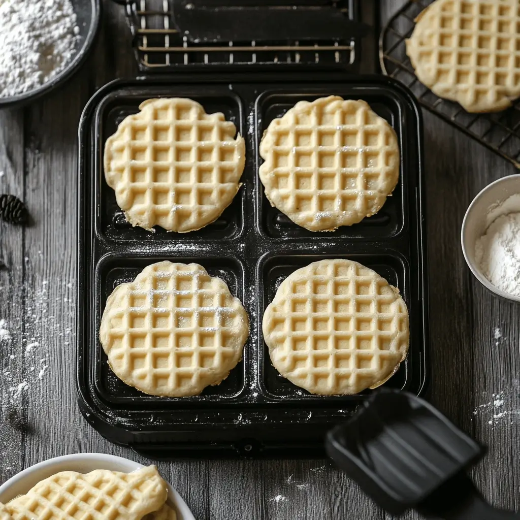 Step-by-step process of preparing waffle cookie dough and baking in a waffle iron.