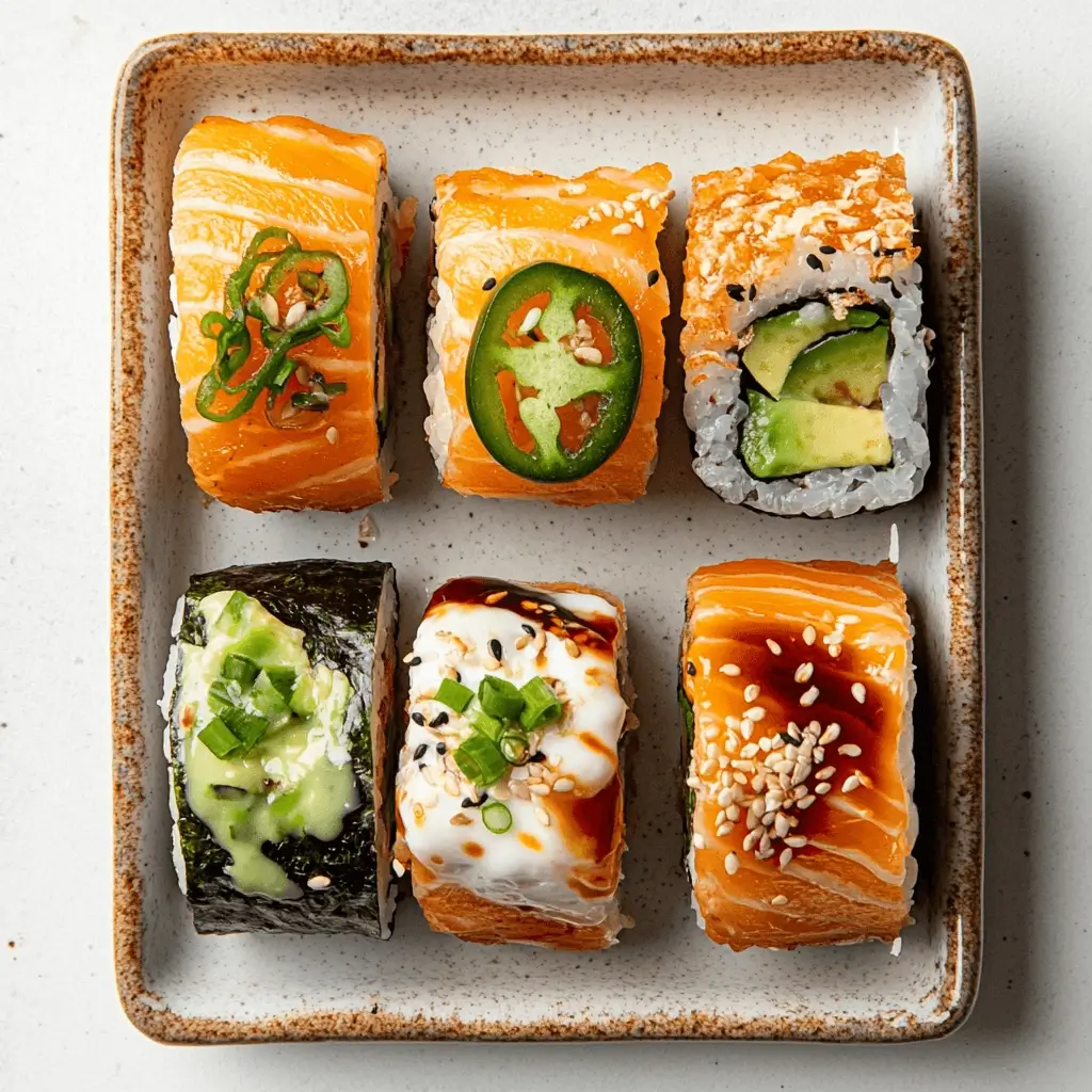 Three different baked salmon sushi roll variations on a ceramic plate, featuring spicy mayo, teriyaki glaze, and avocado cream cheese.