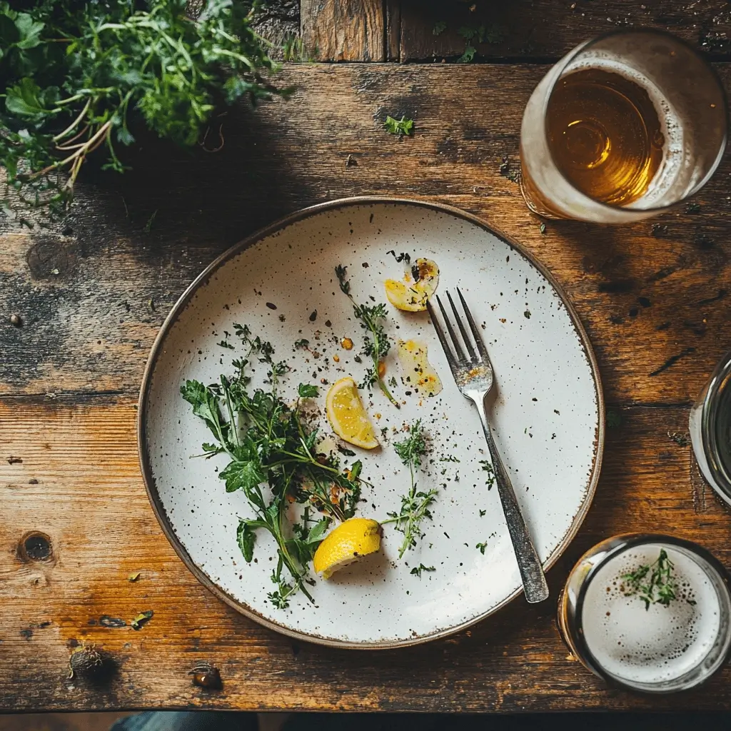 Empty dinner plate with leftover herbs and lemon, half-full glass of beer beside it