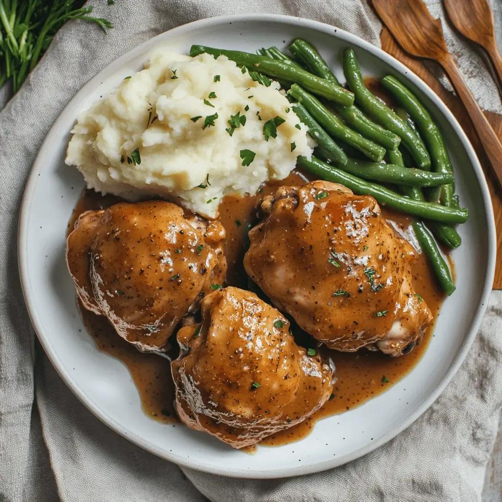 Smothered chicken thighs with gravy served on a white plate with mashed potatoes and green beans.