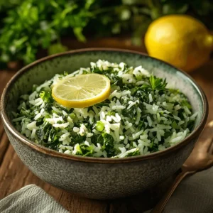 Freshly prepared spinach rice bowl with lemon slices and herbs, rustic kitchen background