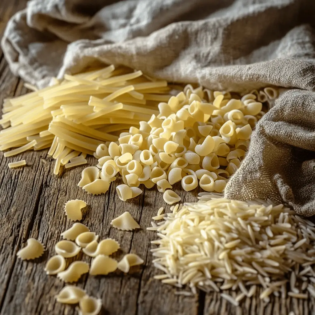uncooked pastina pasta shapes scattered on wooden surface, including stelline and acini di pepe
