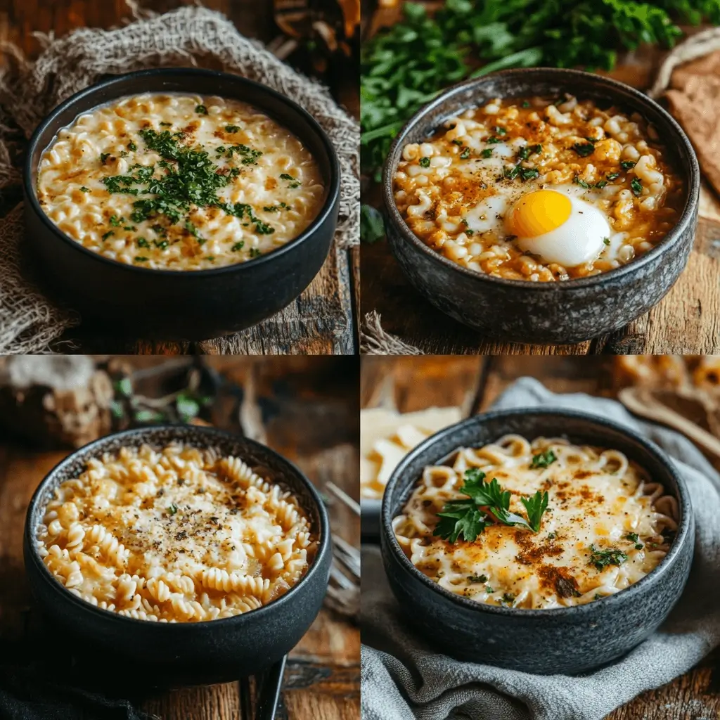 bowls of different pastina recipes including cheesy, egg-based, brothy, and vegan versions