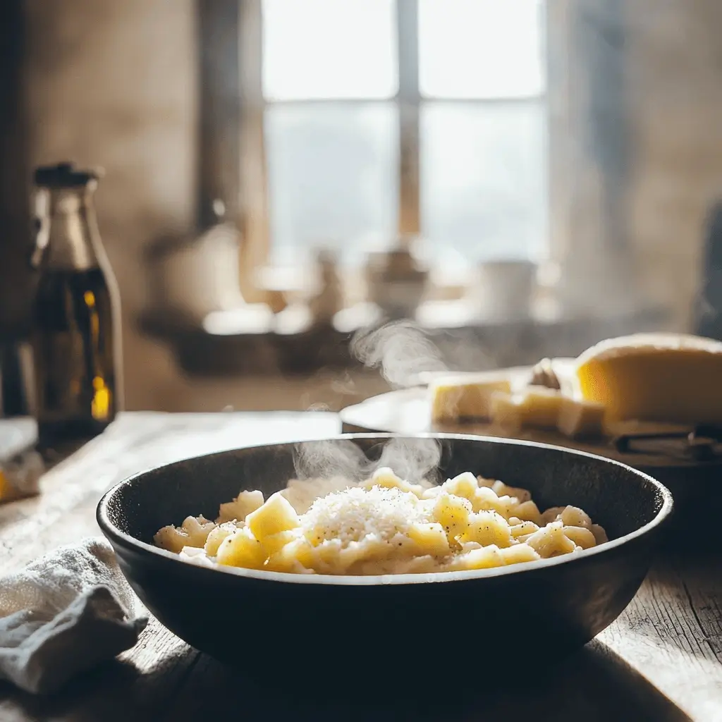 steaming bowl of pastina with butter and parmesan in a cozy rustic Italian kitchen
