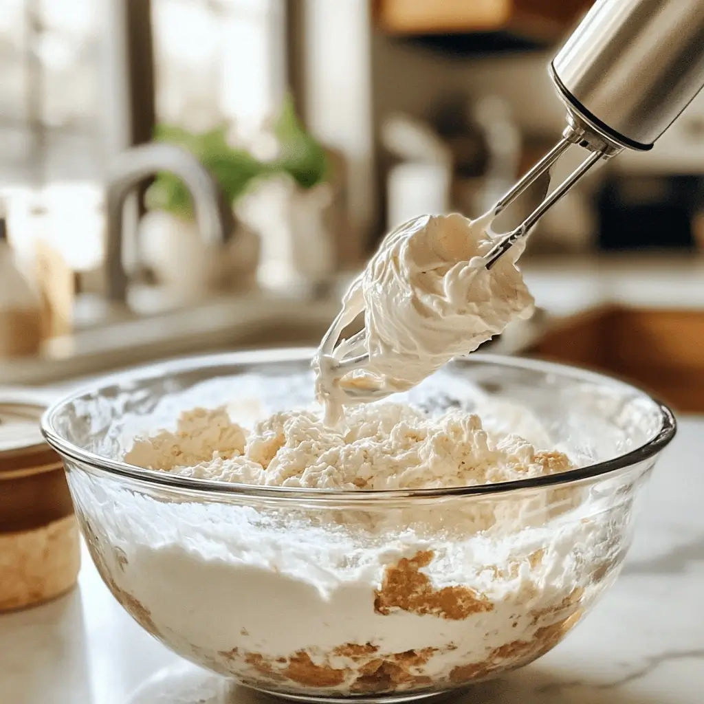 Mixing cream cheese and sour cream base in a glass bowl for grape salad
