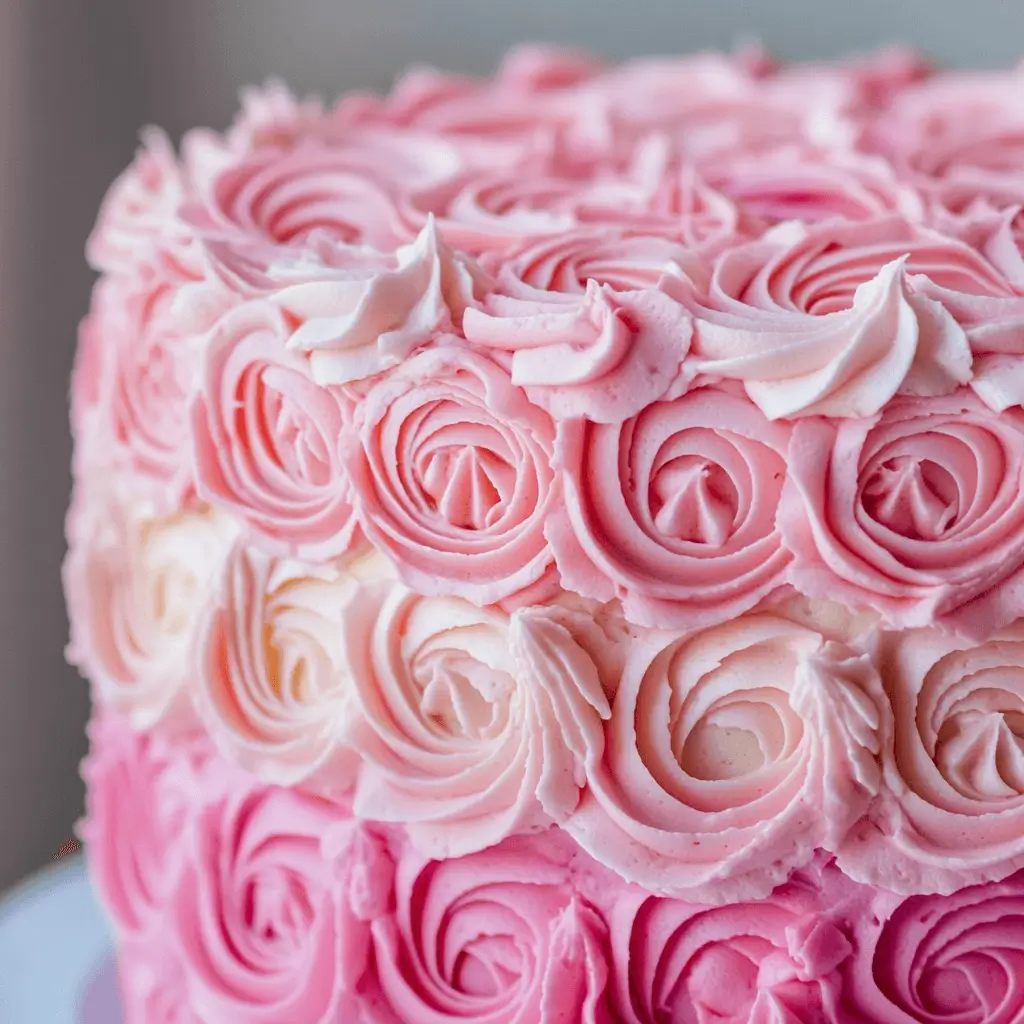 Pink ombre cake with gradient frosting and buttercream rosettes