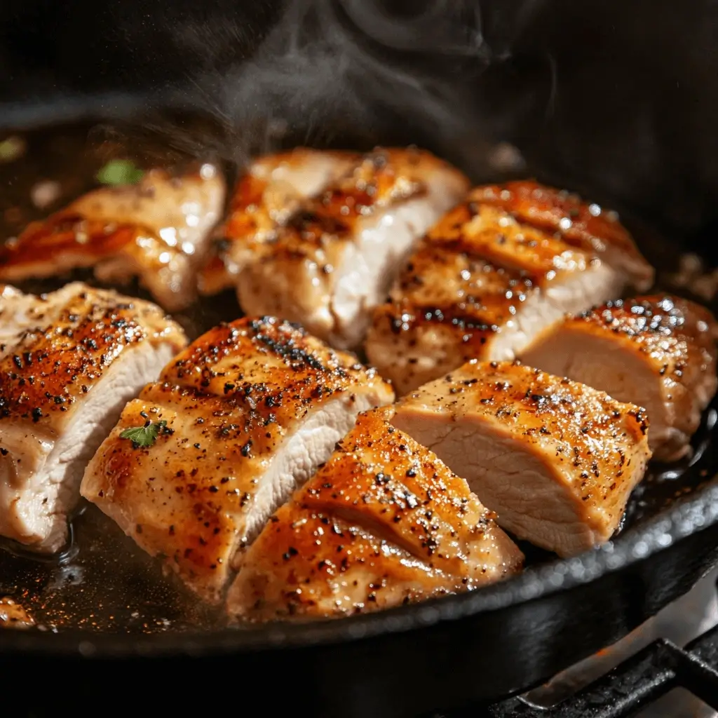 Sliced chicken cooking in a hot skillet