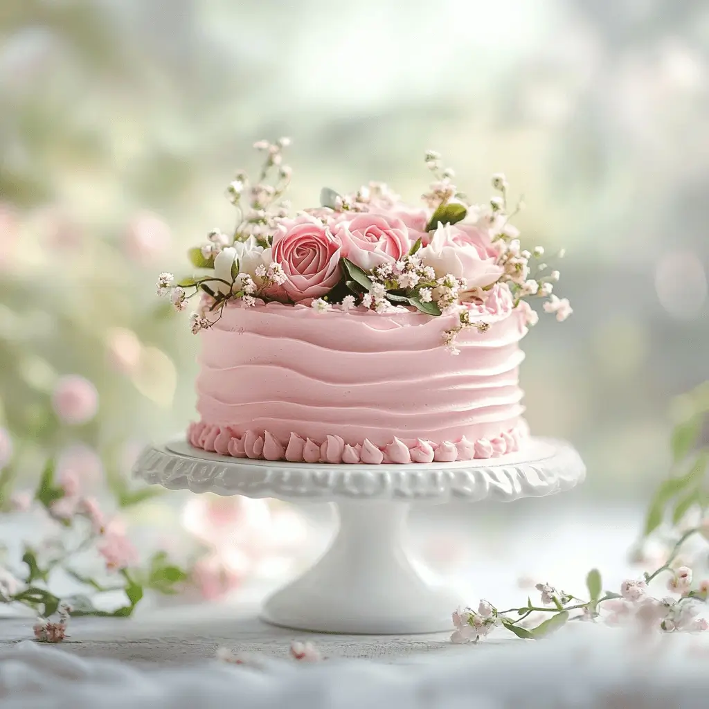 Elegant pink cake decorated with flowers on a vintage stand