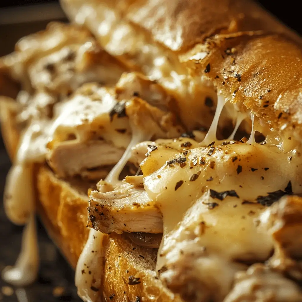Close-up of bitten chicken Philly cheesesteak showing melted cheese and filling