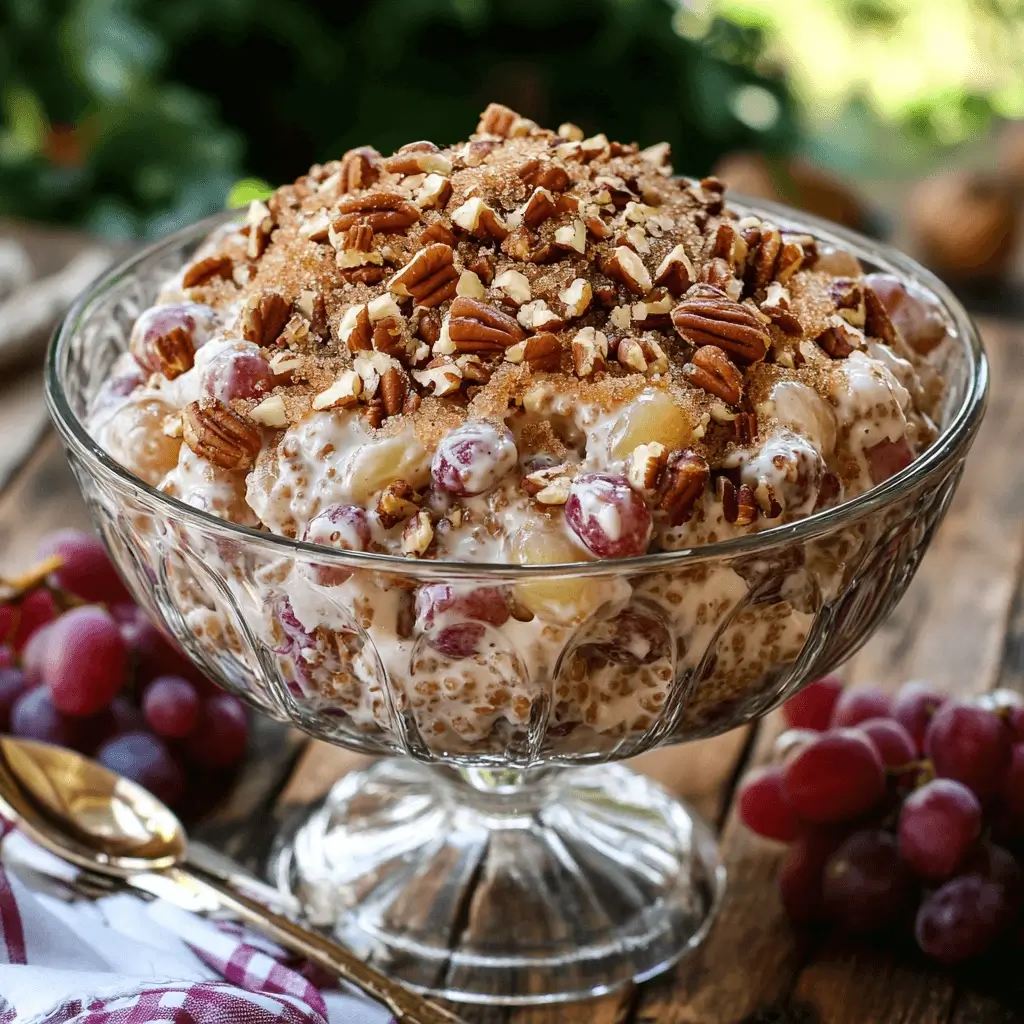 Prepared grape salad with brown sugar and pecan topping in a serving dish