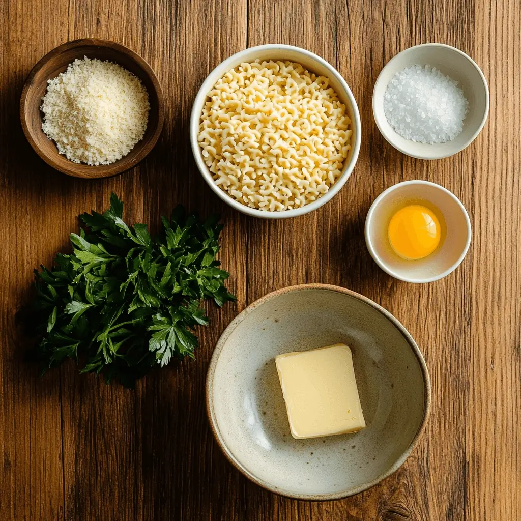 top view of pastina recipe ingredients including butter, egg, broth, Parmesan, and herbs