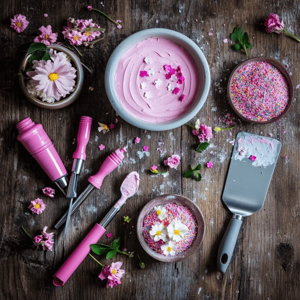 Baking and decorating tools for a pink cake arranged neatly on a wooden table