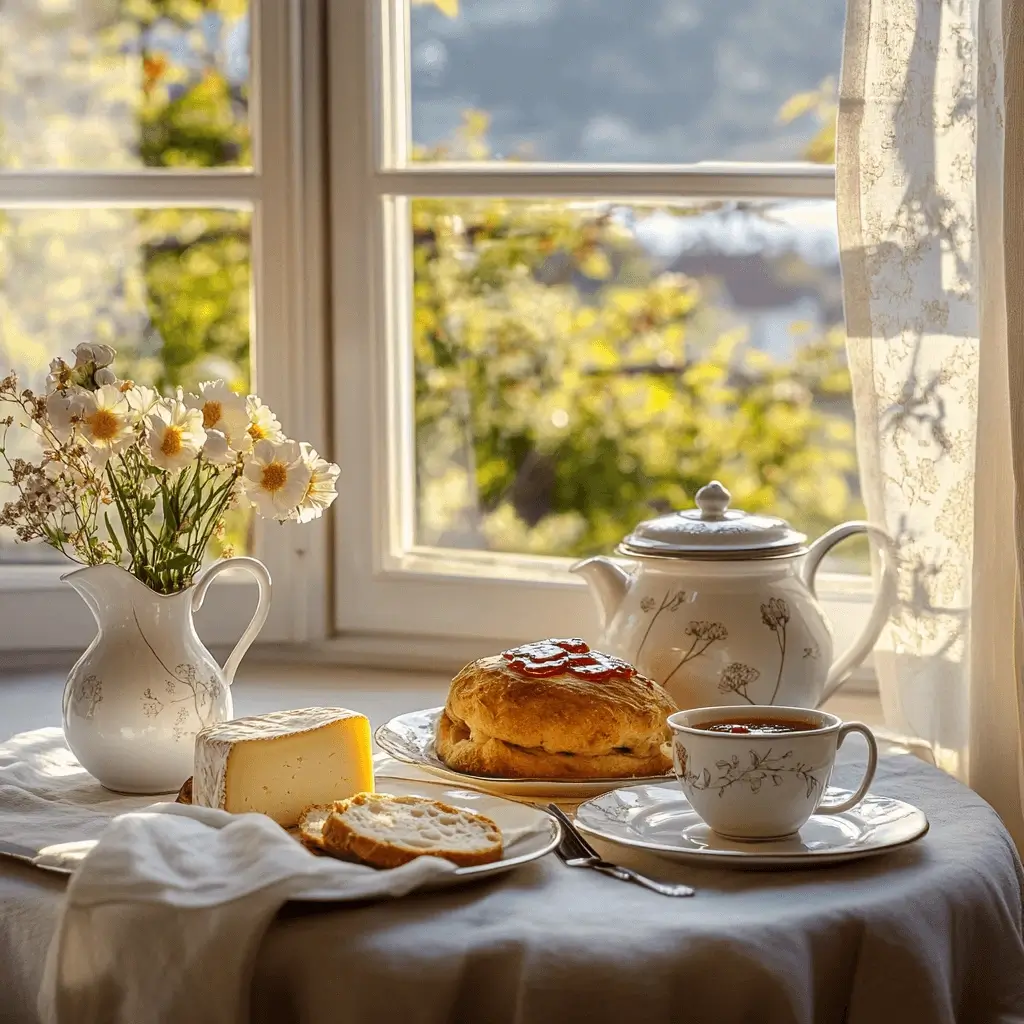 Swiss Gipfeli served with jam, cheese, and coffee on a breakfast table.