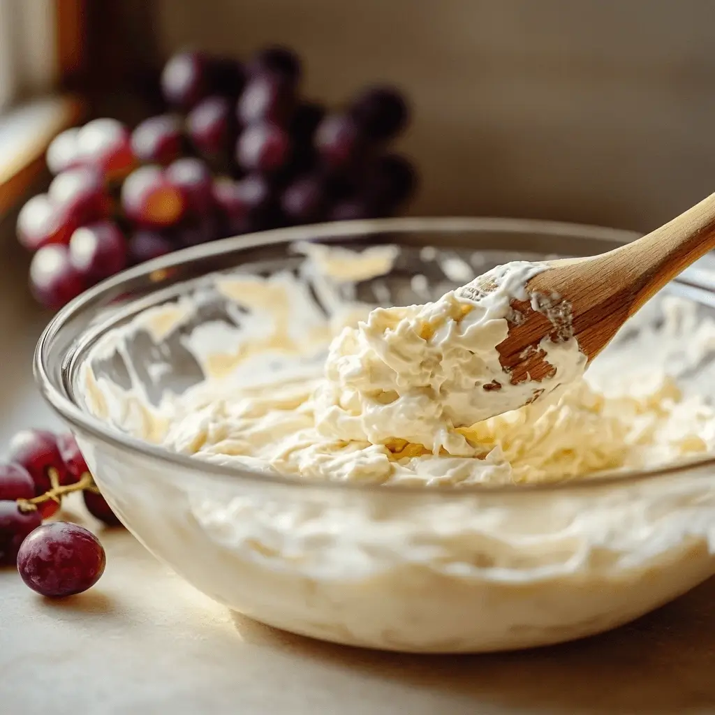 Folding red and green grapes into cream cheese and sour cream mixture