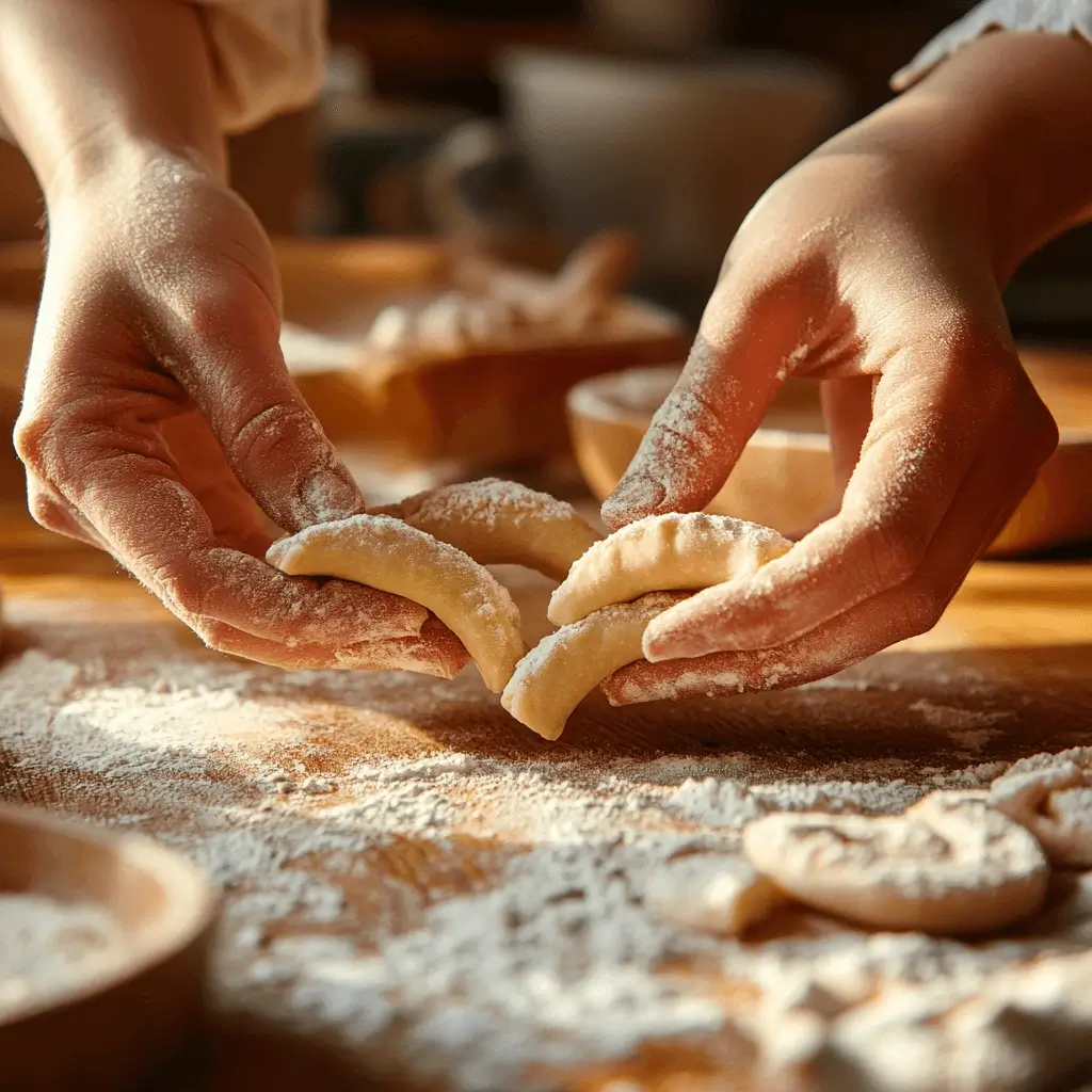 Hands shaping Gipfeli dough into crescents on a floured wooden surface.
