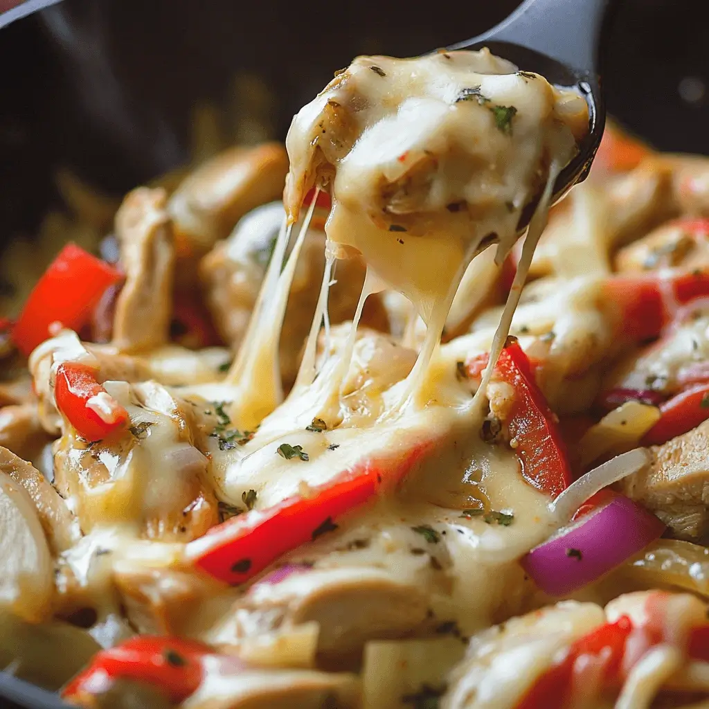 Melted provolone cheese over chicken and veggies in skillet
