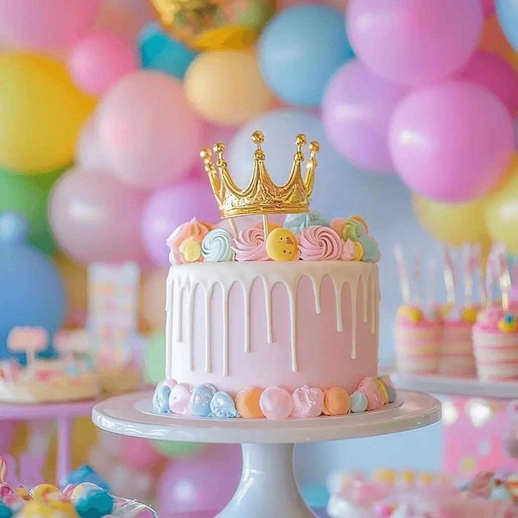 Pink cake decorated for a princess birthday party with crown and balloons