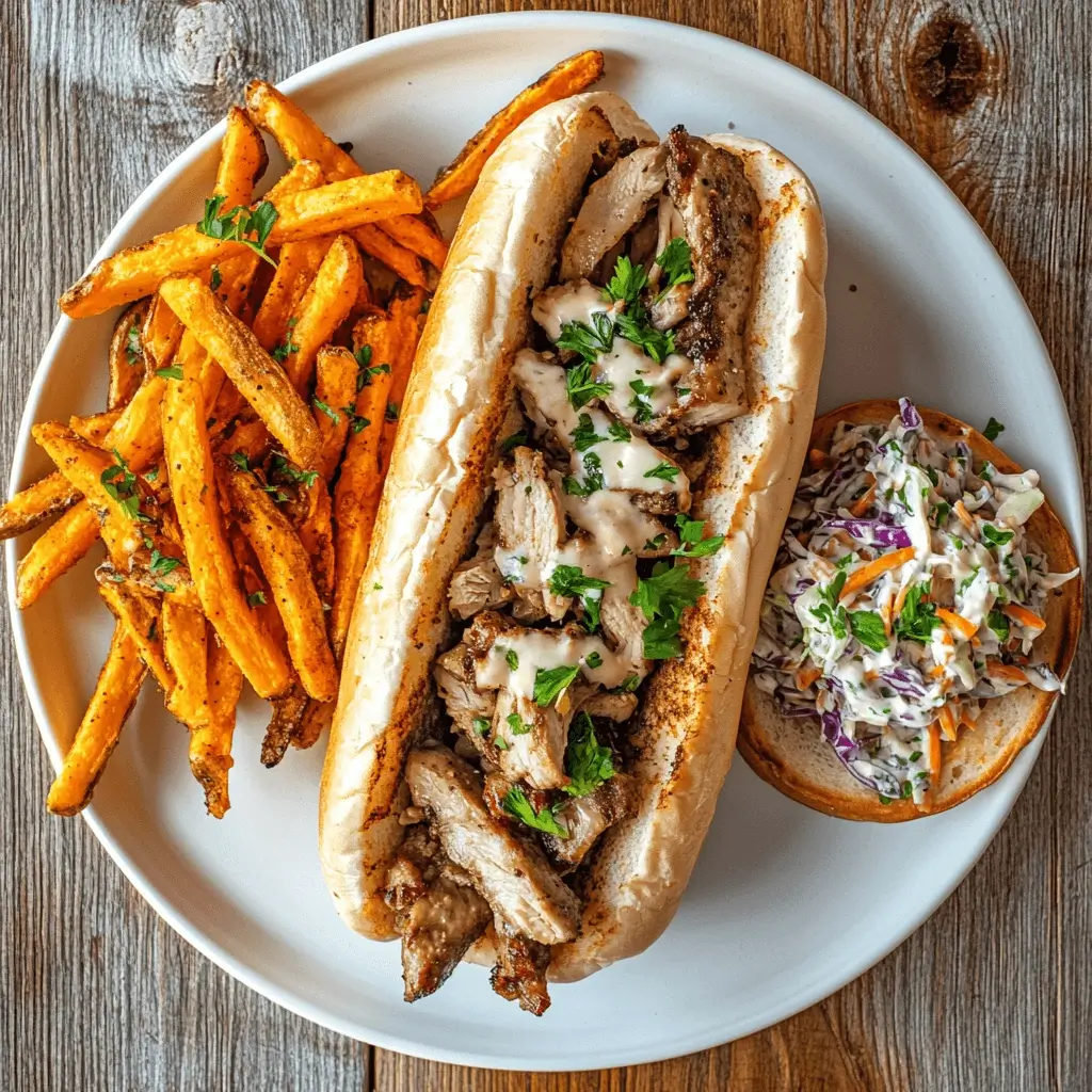 Chicken Philly cheesesteak served with sweet potato fries and coleslaw