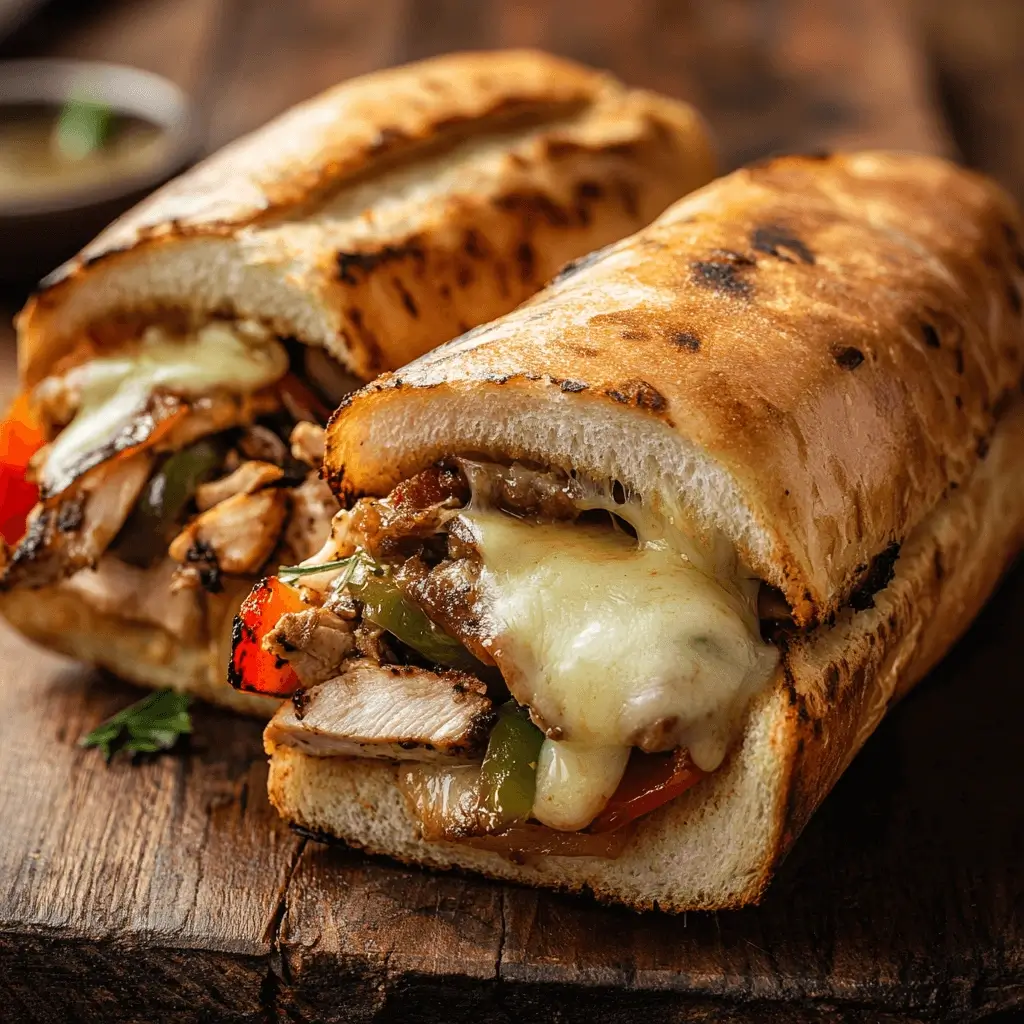 Close-up of a hot, cheesy chicken Philly cheesesteak on a wooden table