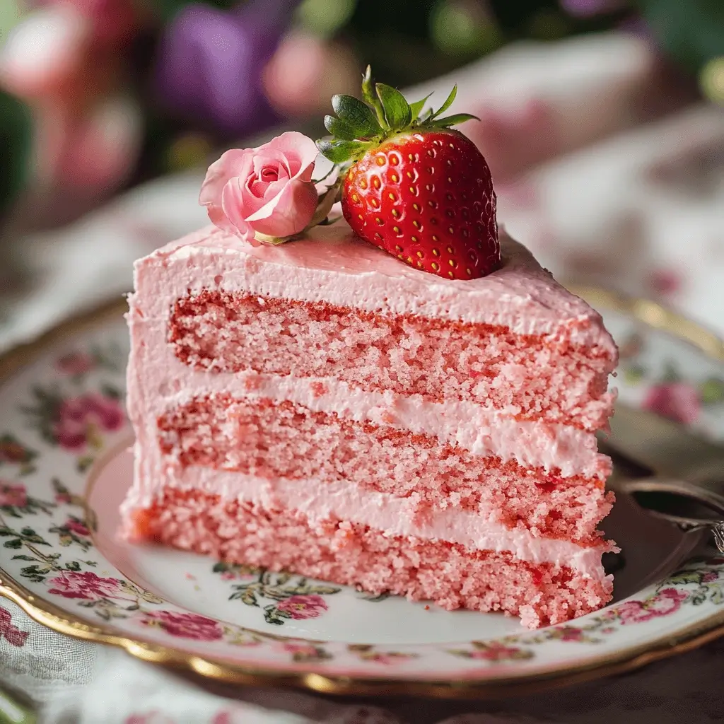 A slice of pink strawberry rose cake with fresh strawberry and edible flower