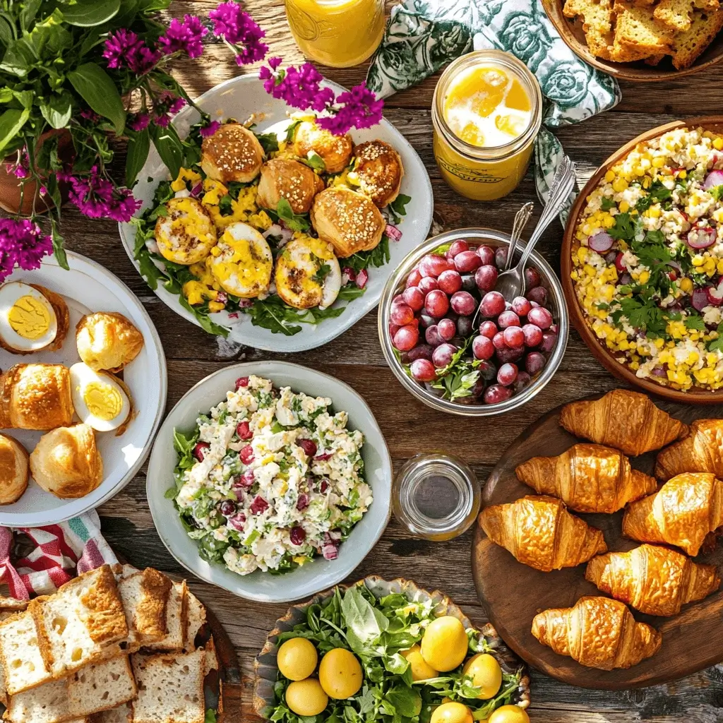 Southern picnic spread featuring grape salad, chicken salad sandwiches, and sides
