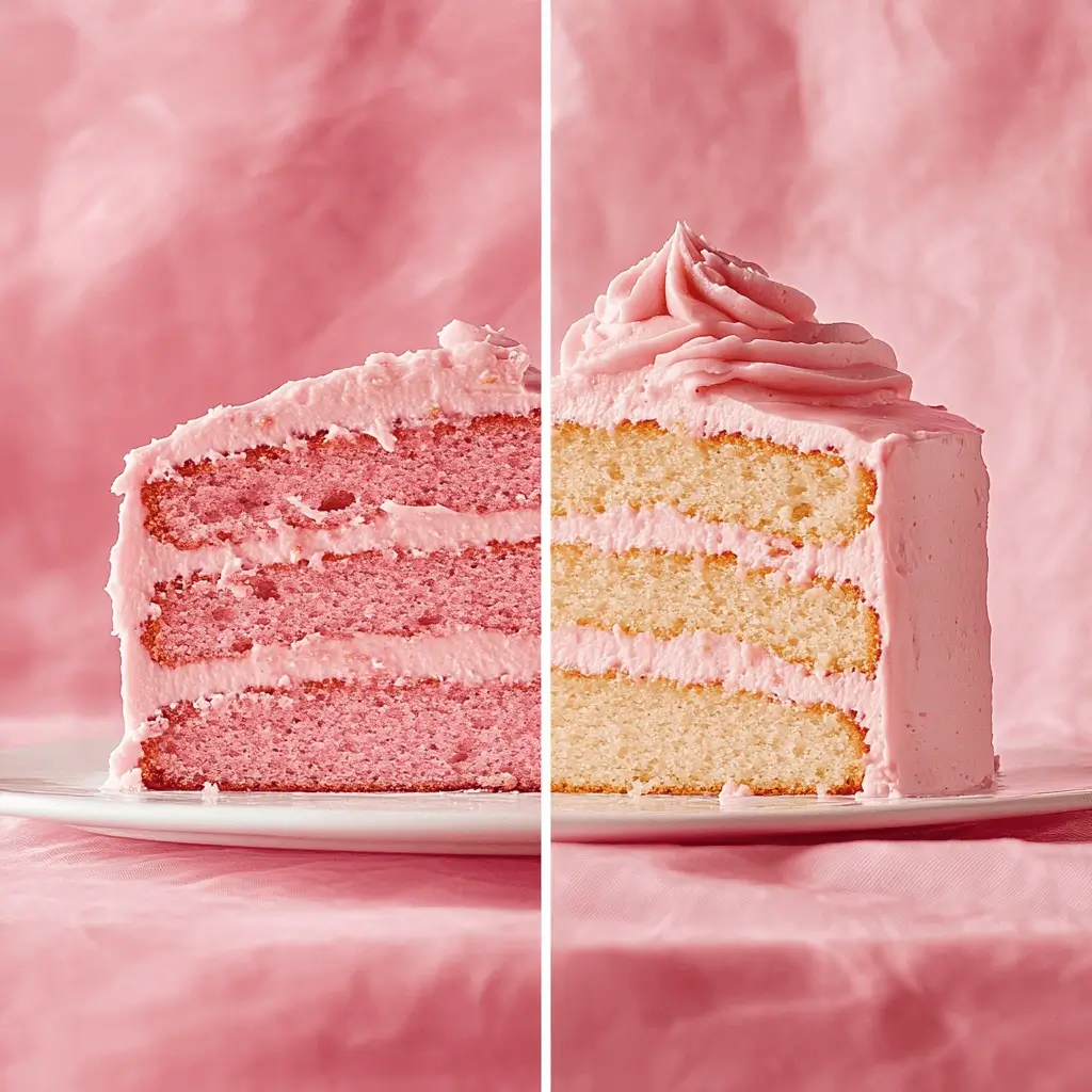 Comparison of a dry, cracked pink cake vs. a moist, perfectly frosted pink cake