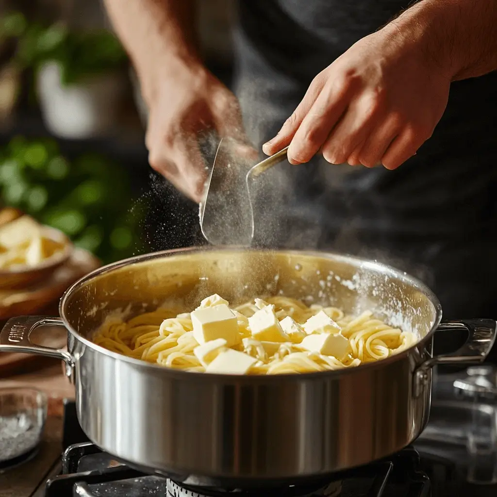 step-by-step process of cooking pastina with butter and cheese in a pot