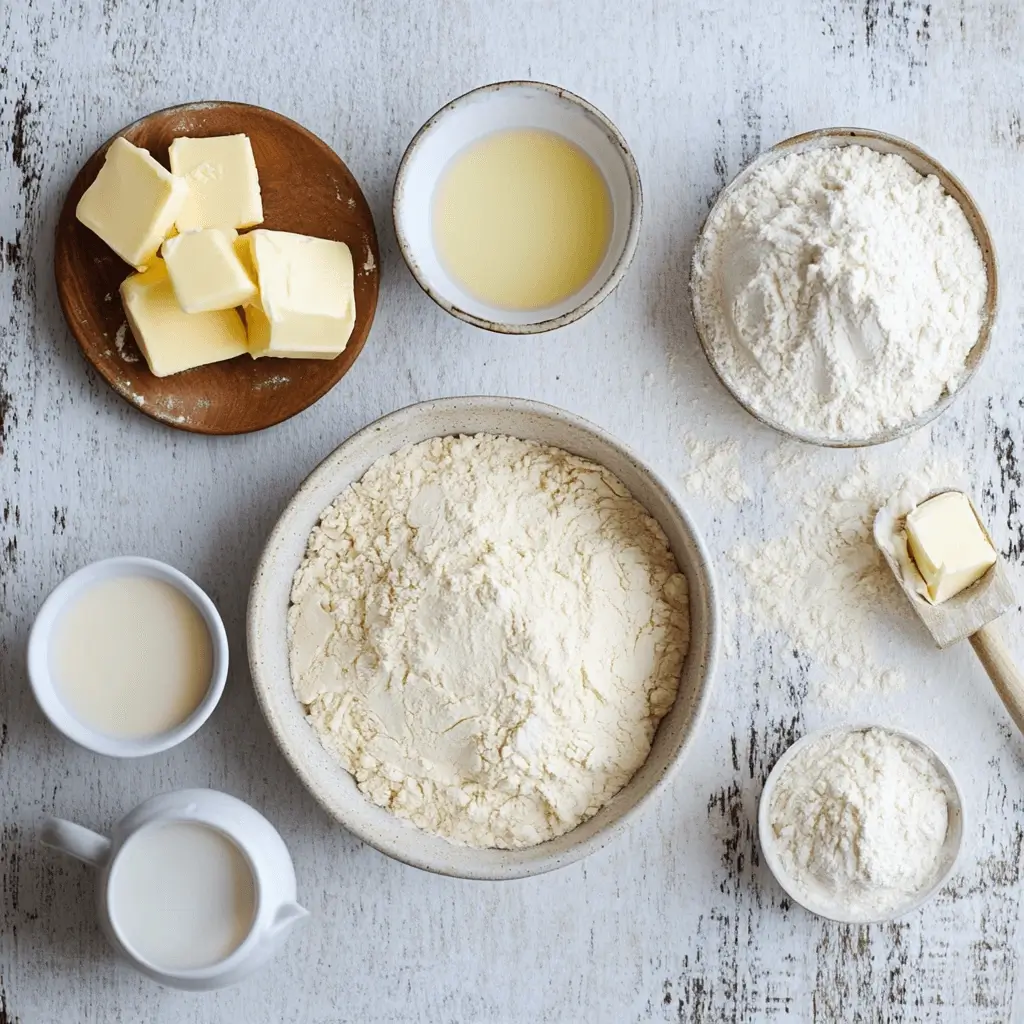 Flour, butter, milk, and yeast arranged on a kitchen counter for Gipfeli dough preparation.