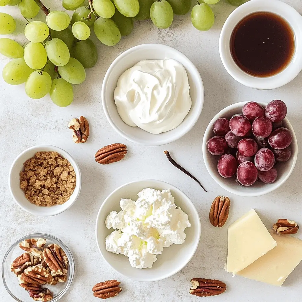 Flat lay of grape salad ingredients including grapes, cream cheese, sour cream, and pecans