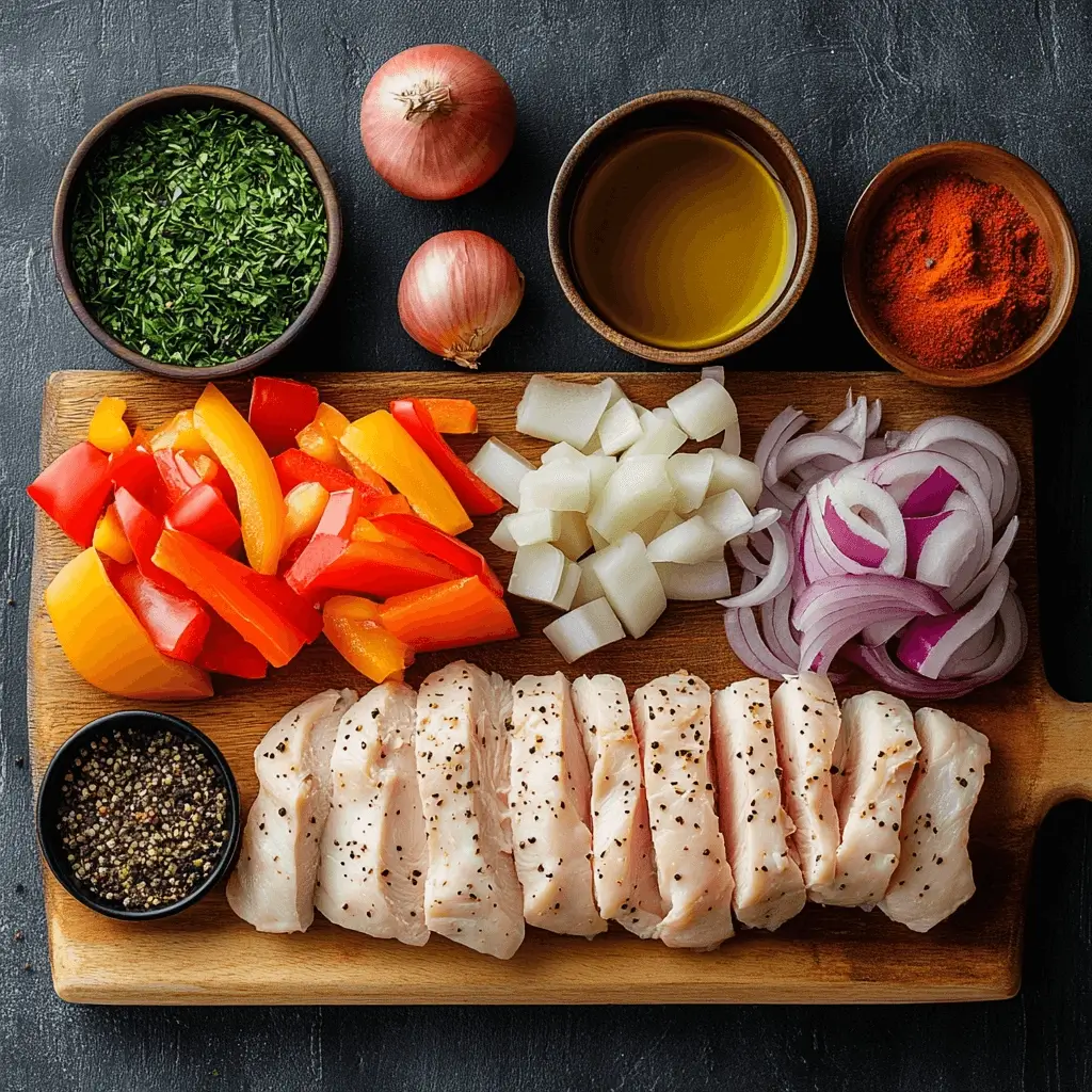 Flat lay of ingredients for making chicken Philly cheesesteak