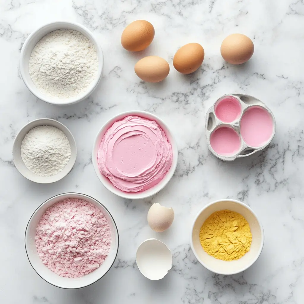 Flatlay of ingredients for baking a pink cake on a marble counter
