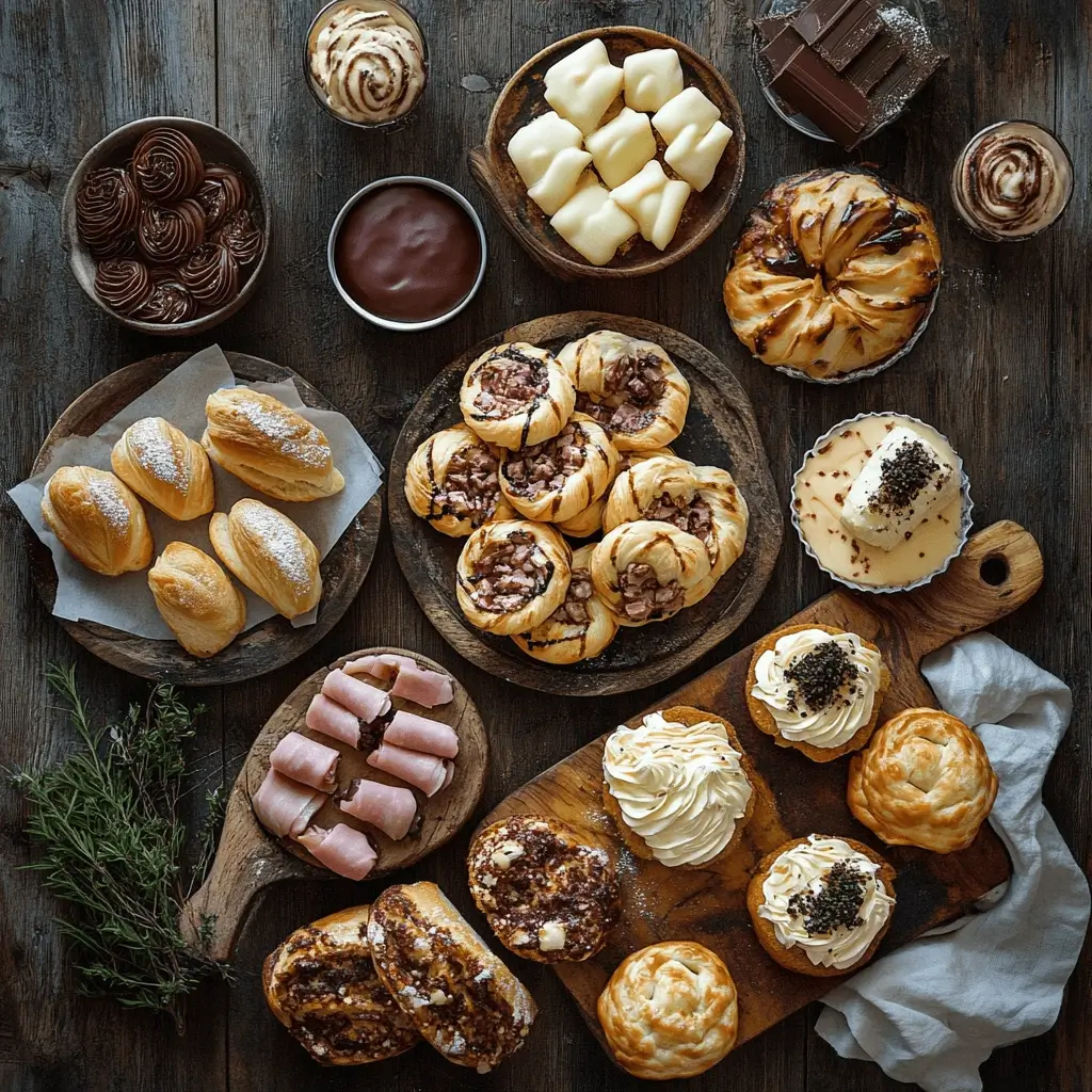 Assorted Swiss Gipfeli with sweet and savory fillings on a brunch table.