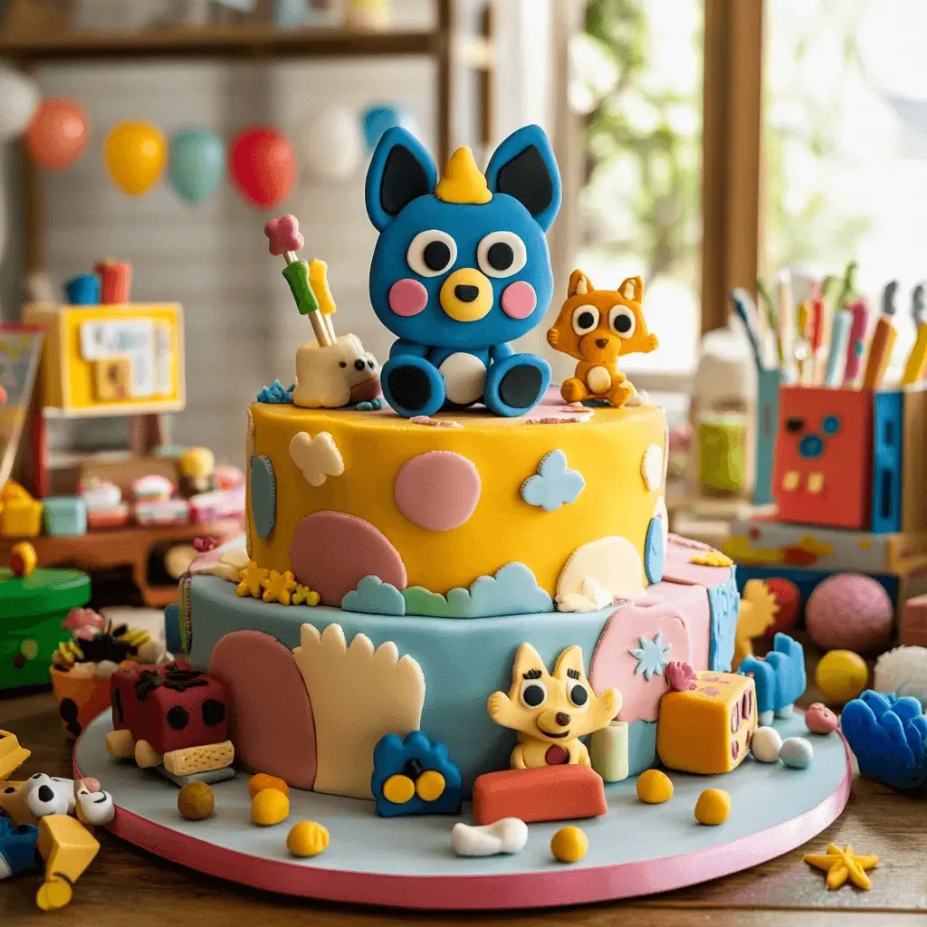Bluey and Bingo fondant cake with cartoon scene and birthday decorations