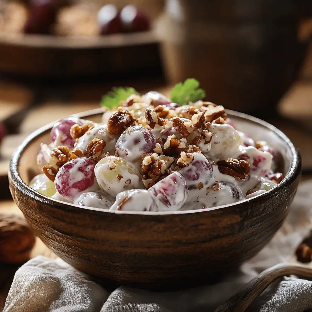 Creamy grape salad topped with pecans and brown sugar served in a white ceramic bowl