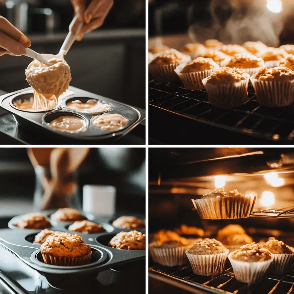 Four-part collage showing steps to make vegan savoury muffins: mixing batter, filling tins, baking, and finished muffins