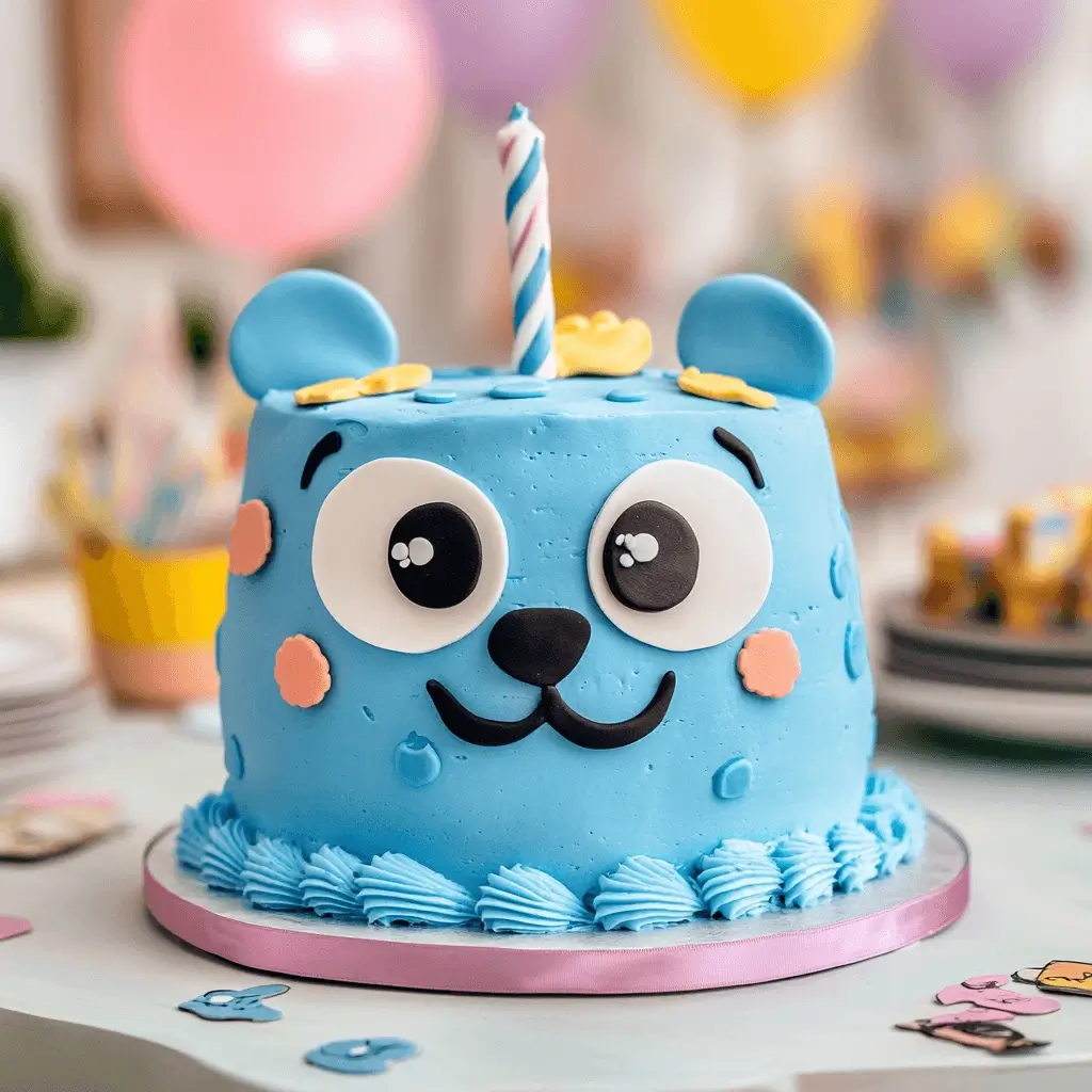 Bluey face birthday cake with blue buttercream and fondant details on a party table